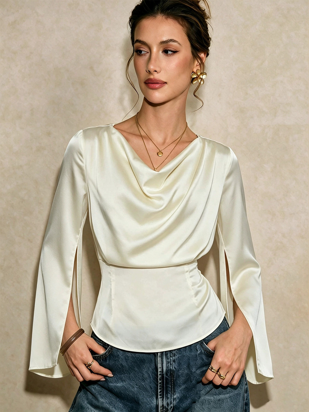 ZARA Satin Cowl Neck Long Sleeve Blouse Back Tie Waist Slimming Elegant Top